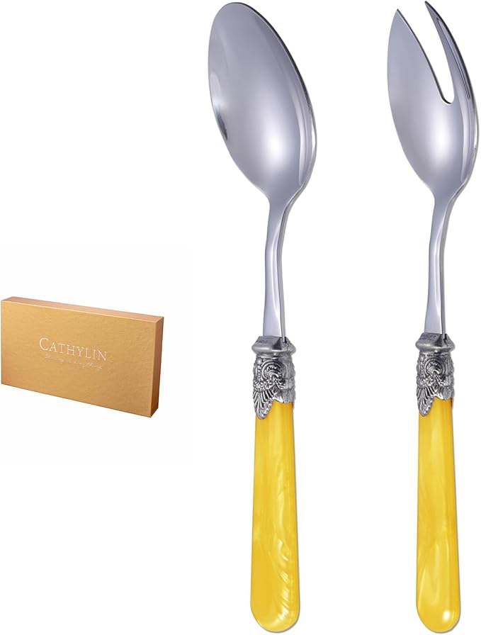 CATHYLIN 2-piece Salad Servers Stainless Steel Salad Serving Set Salad Fork and Spoon (Yellow)