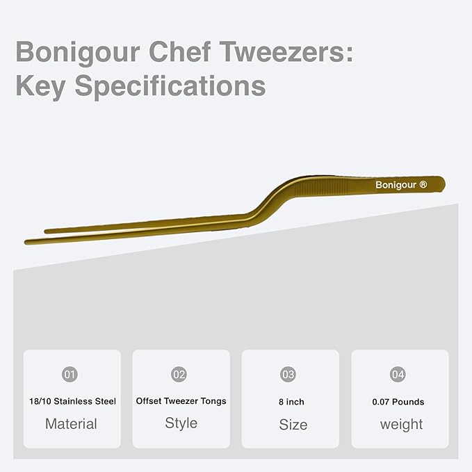 Bonigour 8 Inch Precision Offset Tweezers, Kitchen Culinary Stainless Steel Tongs, Curved Kitchen Cooking Multi-function Chef Precision Tweezer Tongs for Plating, Food Decorating and ect (Gold)