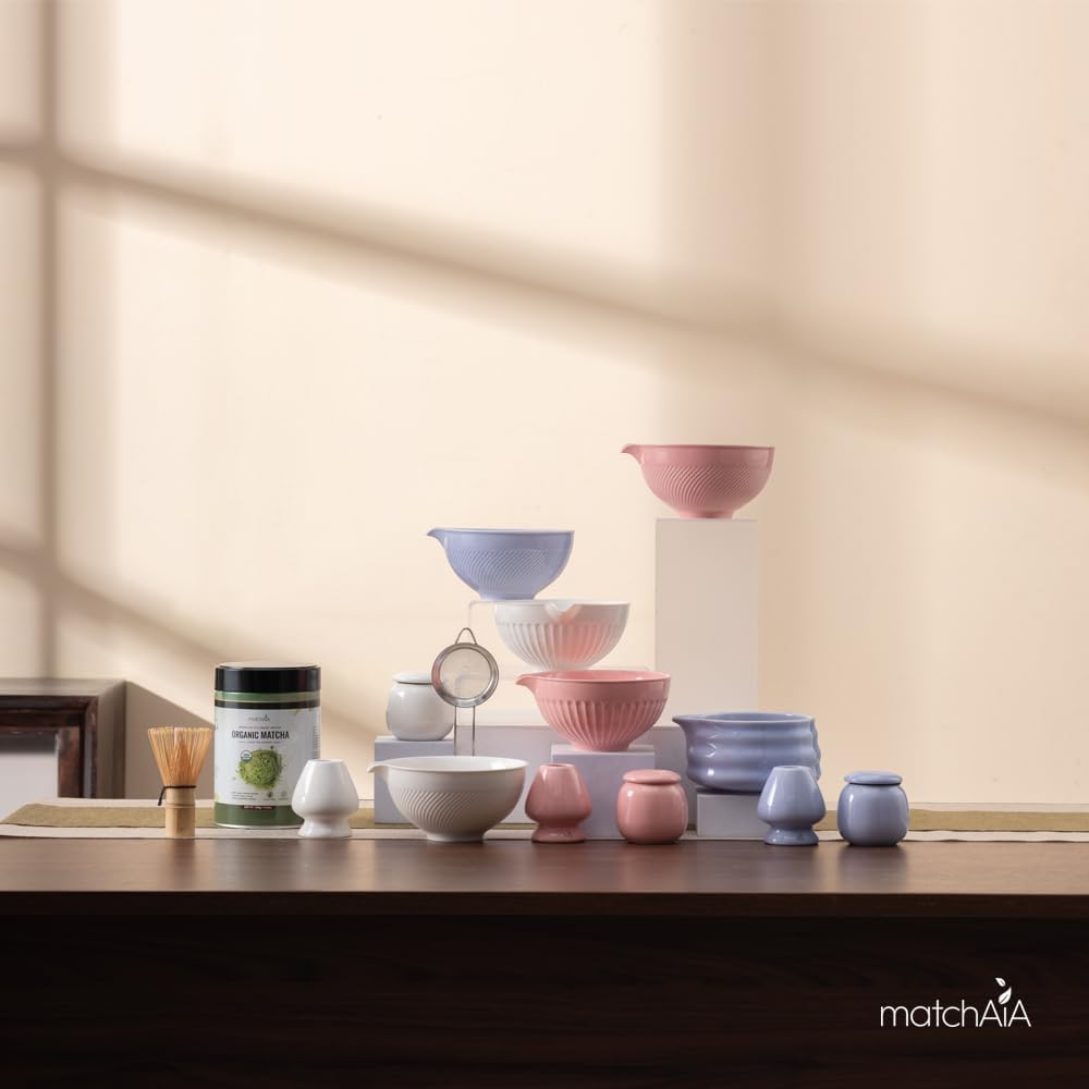MatchAiA Matcha Whisk Set - Ceramic Bowl, Bamboo Whisk with Holder, Sifter, Schima Spoon, Spoon Rest and Tea Towel - 7 Pcs Complete Kit for Traditional Matcha and Modern Lattes (Pink)