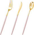 I00000 60 Pcs Pink Plastic Silverware, Fancy Gold Utensils with Pink Handle