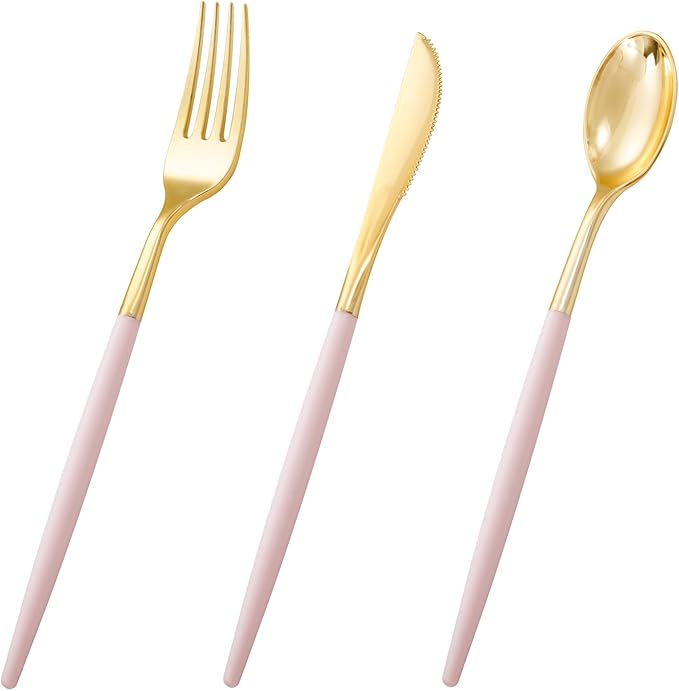 I00000 60 Pcs Pink Plastic Silverware, Fancy Gold Utensils with Pink Handle