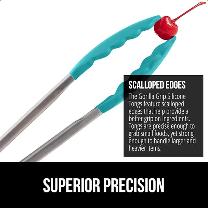 GORILLA GRIP Stainless Steel BPA-Free Kitchen Tongs for Cooking, Heat Resistant BBQ Tong Set of 2, Non Scratch Silicone Tip for Pan, Strong Grip, Grab Food, Toss Salad, Pull Lock, 7+9 Inch, Turquoise