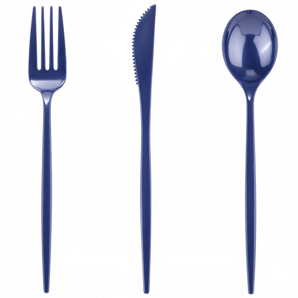 PULOTE 150PCS Blue Plastic Silverware Set - Plastic Cutlery Disposable - Heavy Duty Blue Plastic Utensils Include 50 Forks, 50 Knives,50 Spoons for Party&Graduation