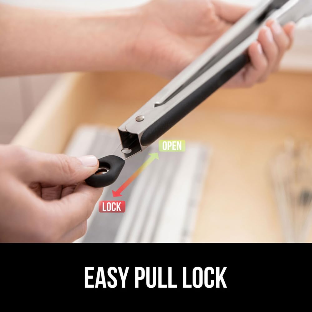 GORILLA GRIP Stainless Steel BPA-Free Kitchen Tongs for Cooking, 9+12 Inch, Heat Resistant BBQ Tong Set of 2, Non Scratch Silicone Tip for Pan, Strong Grip, Grab Food, Toss Salad, Pull Lock, Black