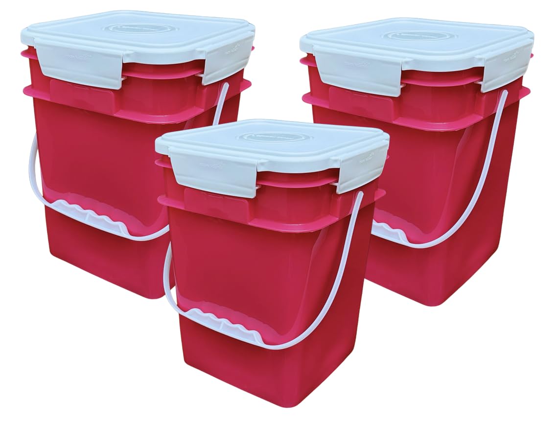House Naturals 4 Gallon Square Food Grade Bucket Pail with Plastic Handles and Lid (Pack of 3) Made in USA containers (White)