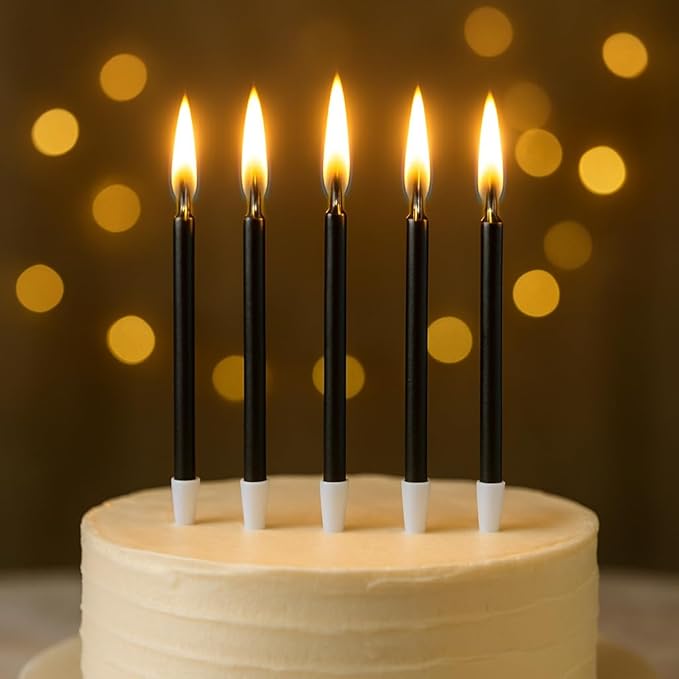 by Tugba Aydan - Black Birthday Candles, 24 Pack, Long Thin Metallic Cake Candles with Holders, Elegant Black Candles for Cakes, Cupcakes & Parties