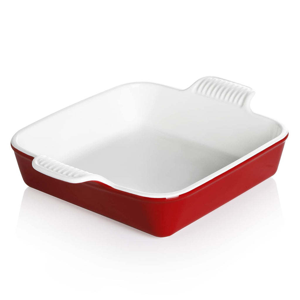 Sweejar Ceramic Baking Dish, 9 x 9 Cake Baking Pan for Brownie, Porcelain Square Bakeware with Double Handle for Casserole, Lasagna, Family Dinner (Red)