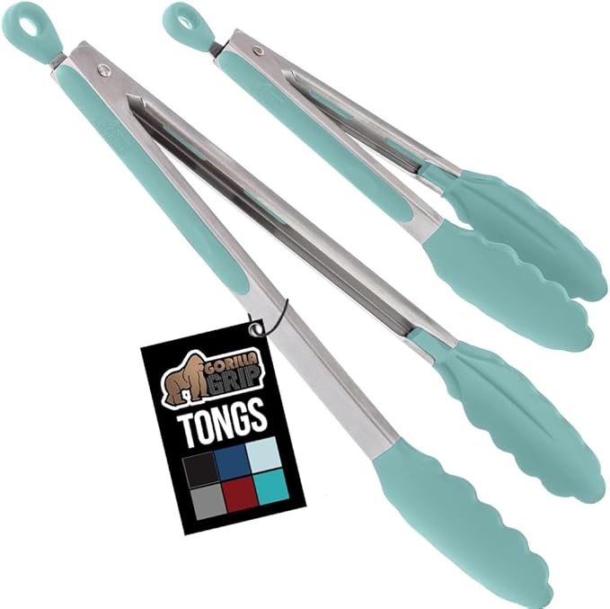 GORILLA GRIP Stainless Steel BPA-Free Kitchen Tongs for Cooking, Heat Resistant BBQ Tong Set of 2, Non Scratch Silicone Tip for Pan, Strong Grip, Grab Food, Toss Salad, Pull Lock, 7+9 Inch, Mint