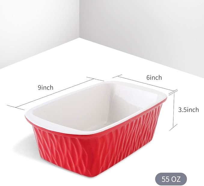 KOOV Ceramic Loaf Pan, Bread Baking Pan, 9 x 5 inch Baking Dish, Rectangular Bakeware for Cooking, Home Kitchen, Texture Series(Red)