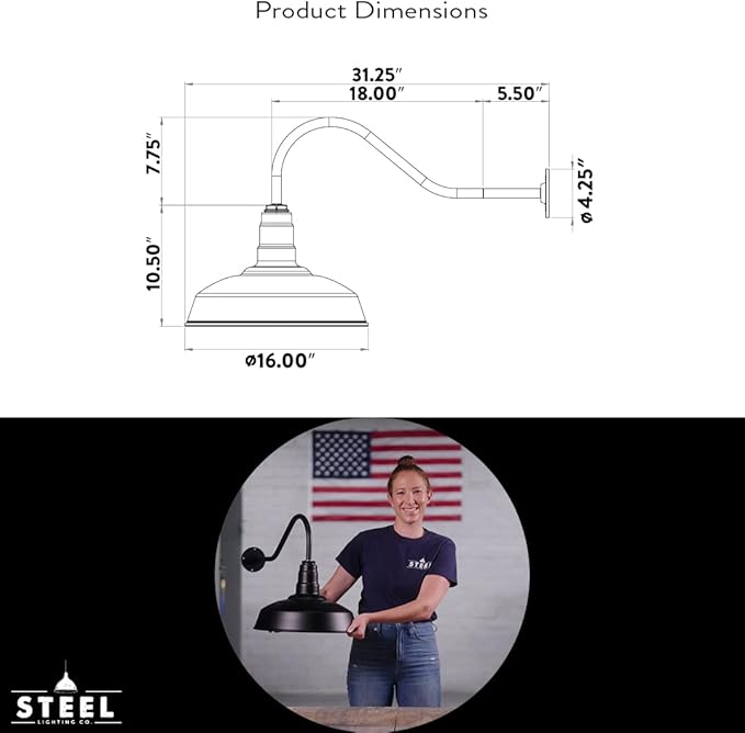 Steel Lighting Co. Gardena Barn Light | Outdoor Wall Mounted | 16" Dome | 23" Gooseneck | Farmhouse Light Made in America | Black Exterior/White Interior
