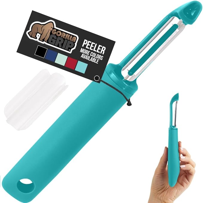 GORILLA GRIP® Patented BPA-Free Vegetable Peeler, Extra Sharp Swivel Stainless Steel Blades with Guard, Comfortable Soft Handle, Easily Peel Carrots Fruit, Potato Eye Remover, Washer Safe Turquoise