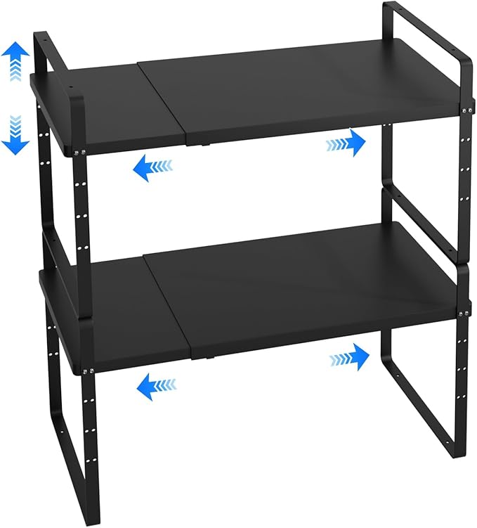 KIKIBRO Expandable Cabinet Shelf Organizer, Stackable Kitchen Pantry Counter Storage, Adjustable Closet Cupboard Stand Rack Risers Spice Organization 80LBS Heavy Duty Black Large 2 Pack