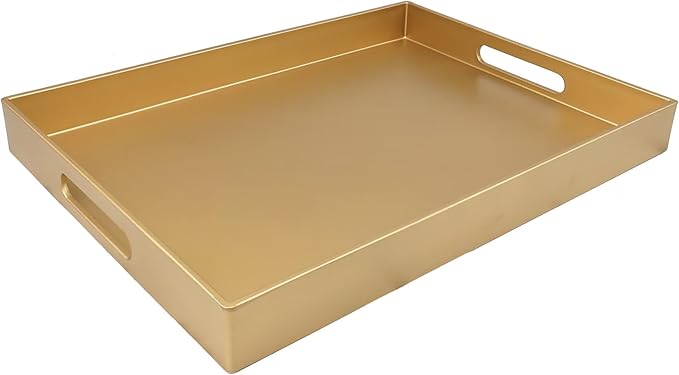 SforGUVA Gold Serving Tray for Coffee Table, Rectangular Plastic Decorative Tray with Handles for Entertaining, Outdoor Patio, Living Room, Ottoman, Bathroom Counter, 11.8”*15.7”*1.6”