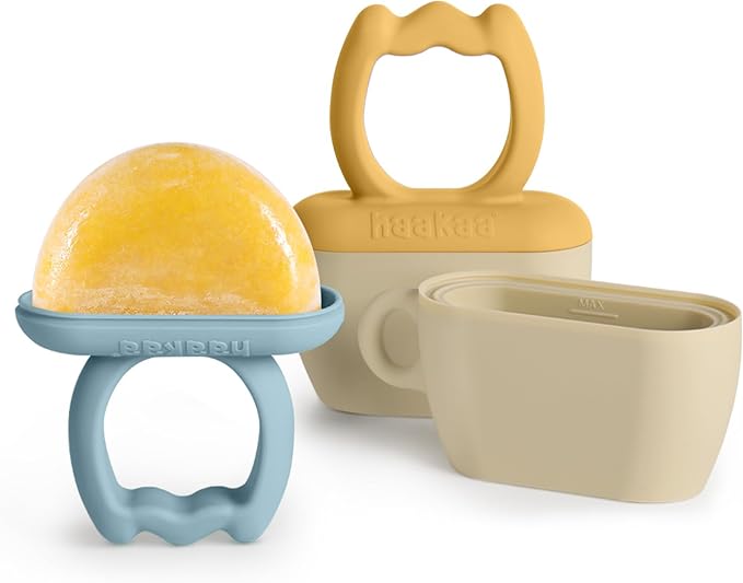 Haakaa Breastmilk Popsicle Molds Baby Teething Relief, Frozen Breast Milk & Puree Teether Popsicle Maker, Ice Pop Molds for Infant 6m+, BPA Free Silicone (Sky Blue + Mustard)