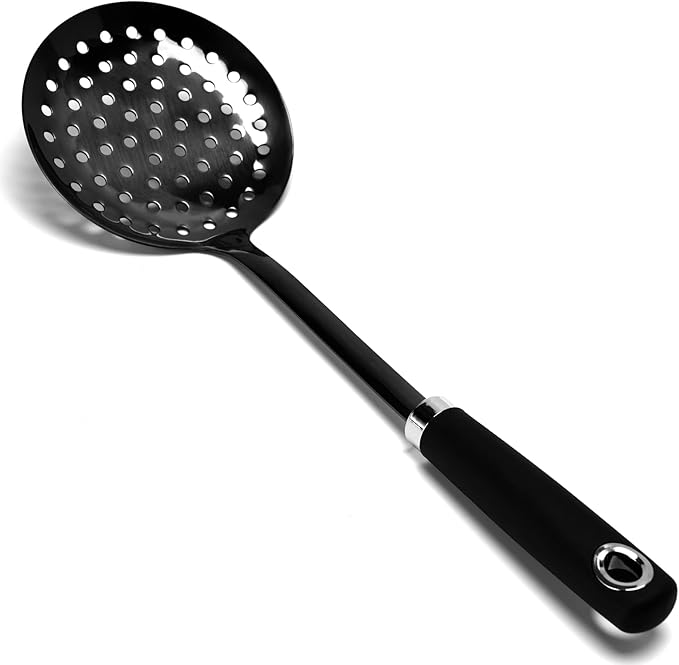 JXWING Black Stainless Steel Skimmer Spoon, Metal Slotted Spoon Strainer