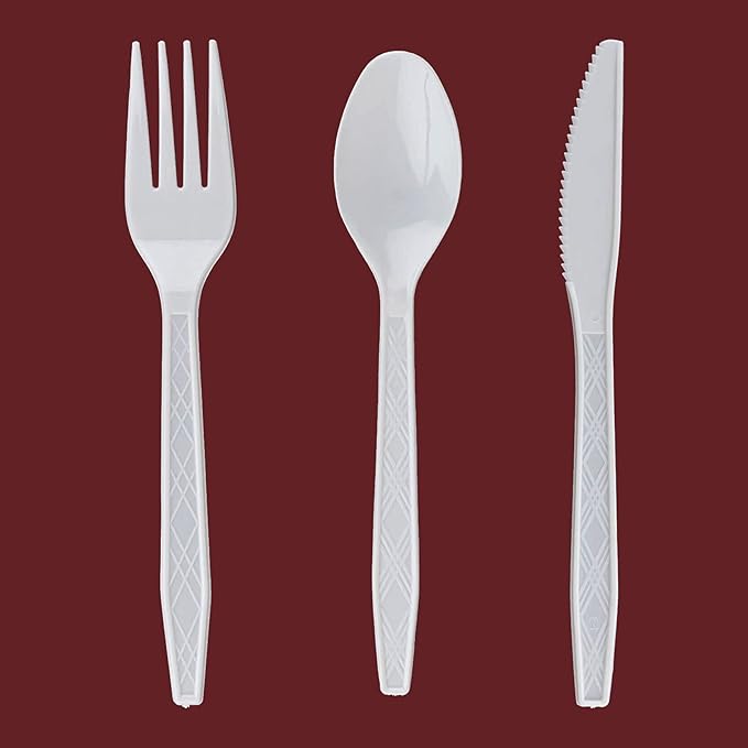 Party Bargains White Plastic Cutlery 2160 pcs: 1080 Forks, 720 Spoons, 360 Knives. Argyle Design, Heavy Duty & Solid Disposable Silverware Utensils Combo Pack Set for Weddings, Buffets, Luncheons