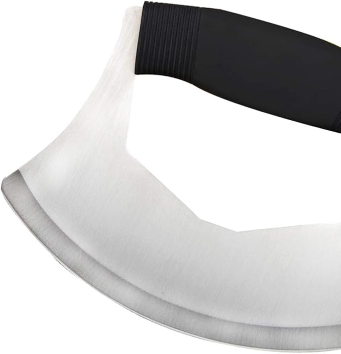 TLIOCAS Mezzaluna Salad Chopper,Stainless Steel Mezzaluna Knife Razor Sharp Rocker Slicer with Protection Cover Vegetable Chopper Mincing Cutter for Pizza Cheese Onion Carrot Pepper Garlic