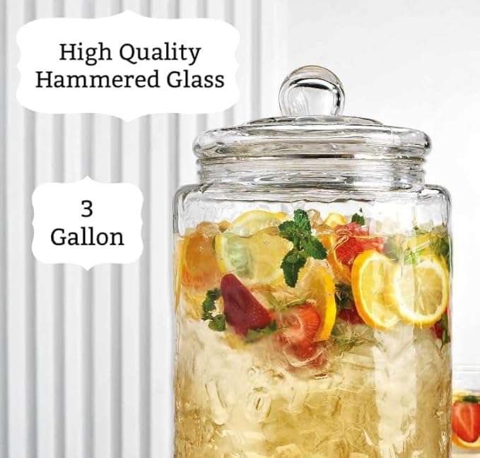 MosJos Classic Hammered Glass Ice Cold Beverage Drink Dispenser - 3 Gallon, With Glass Lid and Antique Metal Stand, 100% Leak Proof Spigot- Wide Mouth Easy Filling For Outdoor, Parties & Daily Use