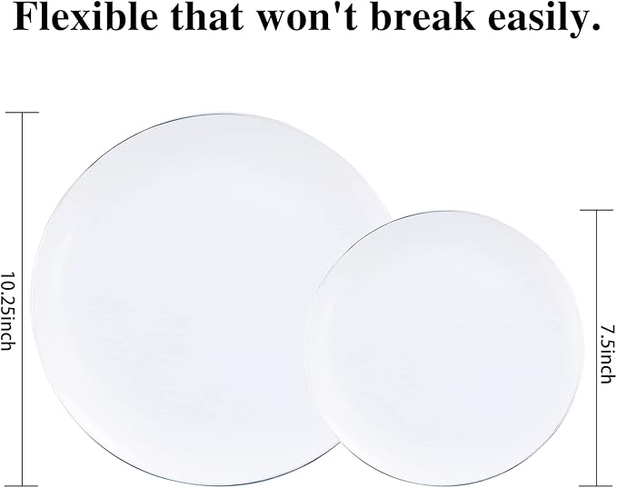 KIRE 100PCS Silver Plastic Plates - Heavy Duty White Disposable Plates with Silver Rim for Party/Wedding - Include 50Pcs 10.25inch Dinner Plates and 50Pcs 7.5inch Dessert Plates for Party