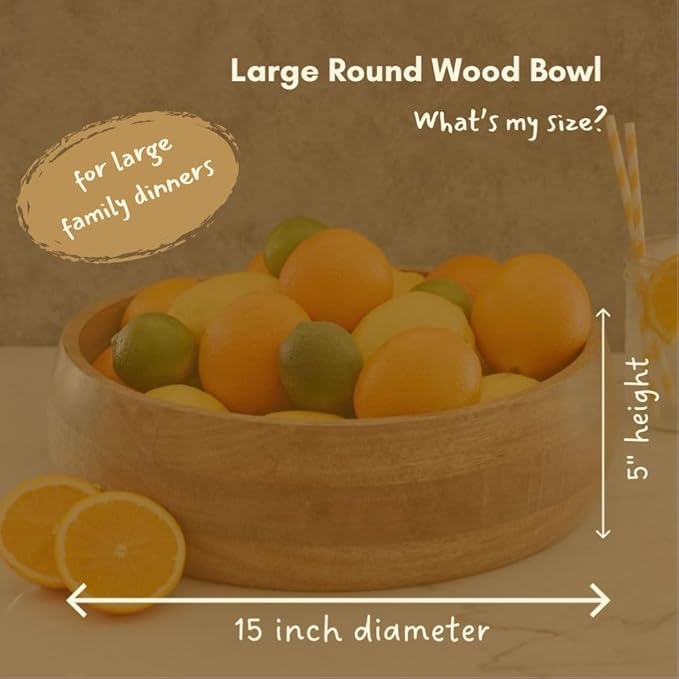 Salad Served Large Wooden Bowl for Party, Catering, Weddings and Restaurants, 15 Inch Wide