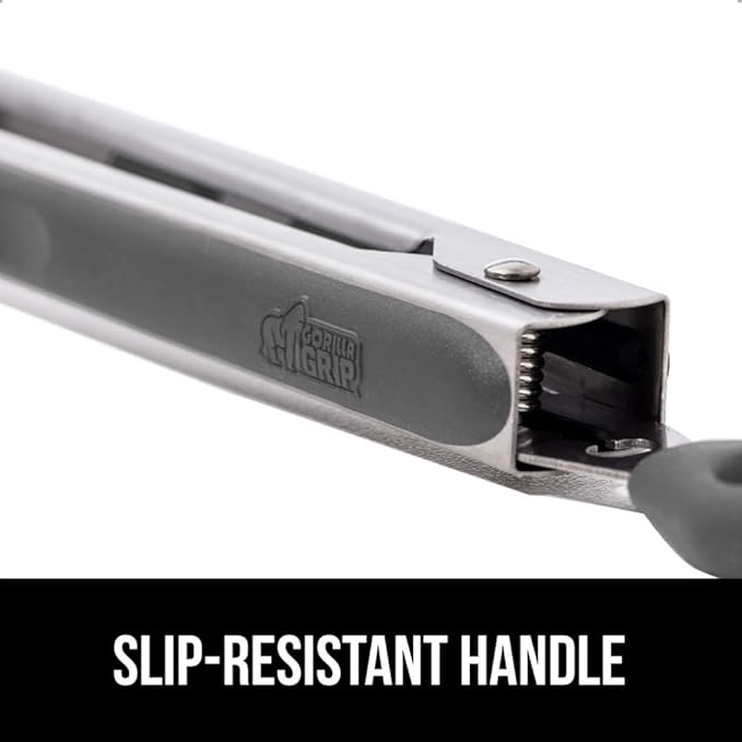 GORILLA GRIP Stainless Steel BPA-Free Kitchen Tongs for Cooking, 9+12 Inch, Heat Resistant BBQ Tong Set of 2, Non Scratch Silicone Tip for Pan, Strong Grip, Grab Food, Toss Salad, Pull Lock, Gray