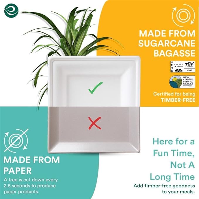 ECO SOUL 10 Inch Disposable Bagasse Paper Plates (100 Pack, Square)