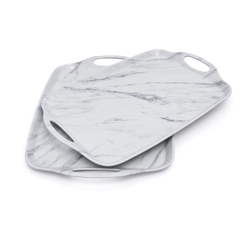TP Melamine Serving Trays with Handles, 17” x 12”, Set of 2, Pure White