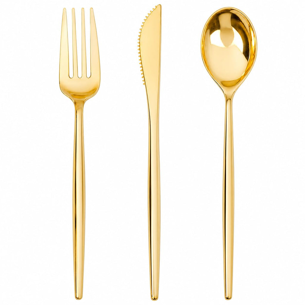 SUT 150PCS Gold Plastic Silverware Set, Heavy Duty Disposable Cutlery for Party,Includes 50 Forks, 50 Spoons and 50 Knives, Elegant Plastic Flatware for Wedding, Birthday and Catering