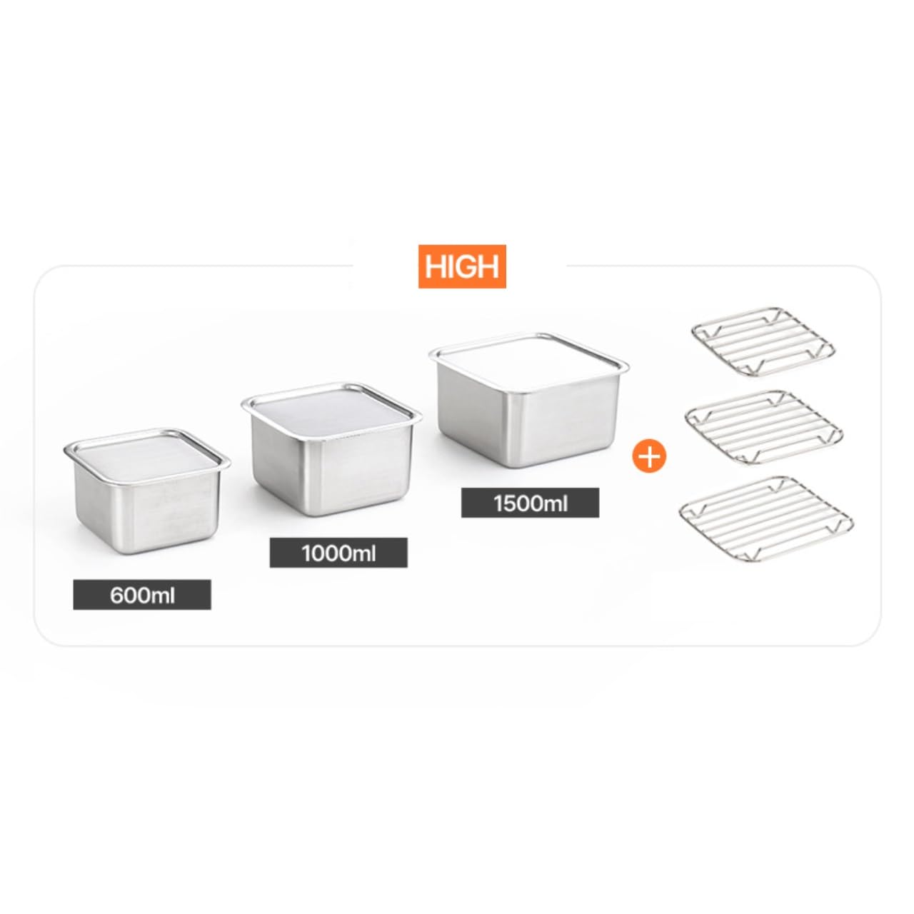 EVERSTEN CuBE High 3PCS Set Stainless Steel Food Storage Containers With Lids and 3 Net Kitchen Appliances Dishwasher Safe Premium South Korea