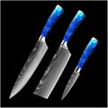 FIVE COWS 3-Piece Premium Japanese Kitchen Knife Set - Star Collection, Laser Damascus Pattern, 440A Stainless Steel Ultra Sharp for Fast Cutting (Blue 3J)
