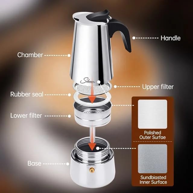 Solazzia Espresso Maker 6 Cup Moka Pot Stainless Steel Percolator coffee pot, Compatible with Gas, Electric, Ceramic, and Induction stovetops(10 fl oz/300 ml)