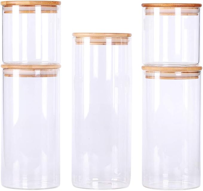 LEAVES AND TREES Y Stackable Kitchen Canisters Set, Pack of 5 Clear Glass Food Storage Jars Containers with Airtight Bamboo Lid for Candy, Cookie, Rice, Sugar, Flour, Pasta, Nuts