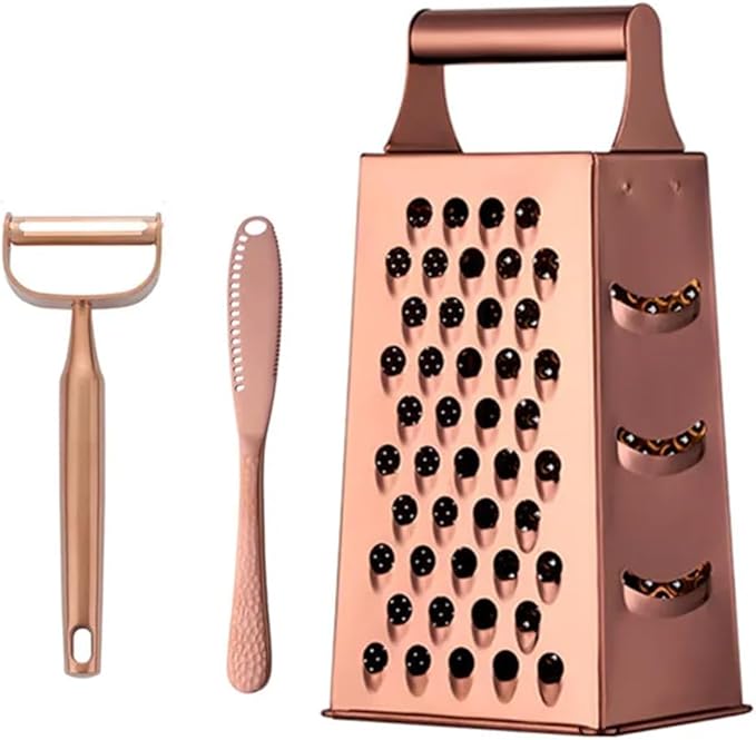 TEAHAHA 4 Sides Box Grater For Kitchen,Stainless Steel Cheese Grater With Handle,Multi-Function Vegetable Slicer Food Shredder For Chees,Ginger,Vegetables,Rose Gold
