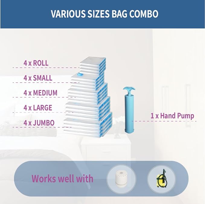 Vacuum Storage Bags 20 Pack Hand Pump, 80% Space Saver Vacuum Sealer bags