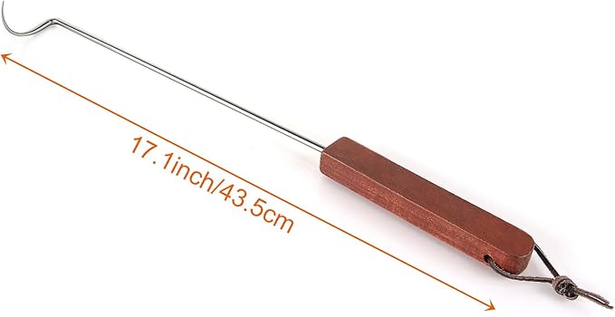 Acrux7 4 Pack Pigtail Meat Flipper Hook, 17 Inch Stainless Steel BBQ Meat Hook with Wooden Handle, Steak Turner Flipper Hook, Pigtail Food Flippers for Grilling, Smoking, Easy to Clean & Right Handed