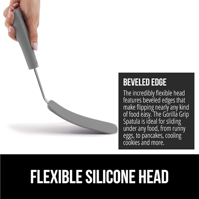 GORILLA GRIP BPA-Free Silicone Spatula for Non Stick Frying Pan, Heat Resistant Flexible Head, Patented Soft Comfortable Handle, Non-Scratch Kitchen Turner, Flip Burgers, Pancakes, 11.6 in, Gray
