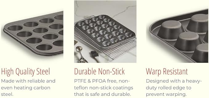 husMait 24-Cup Mini Muffin Pan - Non-Stick Carbon Steel Mini Cupcake Pan - Heavy Duty Metal Baking Tray, Warp-Resistant, PFOA Free & Dishwasher Safe
