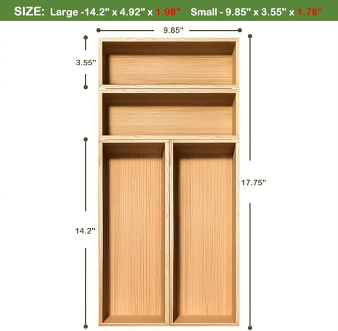 guiogc Bamboo Drawer Silverware Organizer, Kitchen Small Silverware Organizer Set of 4 (Large 14.2"x5"x1.97", Small 9.85"x3.55"x1.97") for Office Bathroom Storage and RV