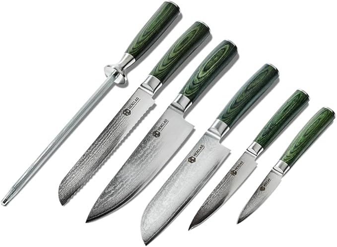 HexClad Green 6 Piece Japanese Damascus Stainless Steel Knife Set