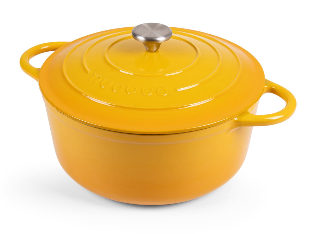 Nuovva Enamelled Cast Iron Dutch Oven Pot with Lid – 6.4 Quart Non Stick Casserole Pot – Heavy Duty & Oven Safe up to 500° F for Bread Baking, Braising, Stews, Roasting – 28cm Black