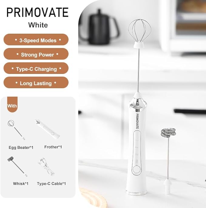 PRIMOVATE Rechargeable Milk Frother Handheld, Electric Coffee Frother with 2 Whisk, 3-Speed Powerful Drink Mixer, USB-C, Milk Foamer for Coffee, Latte, Cappuccino,Matcha & HotChocolate(White no Stand)