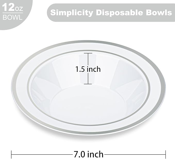 BESTVIP 200 Pack Plastic Bowls with Silver Rim