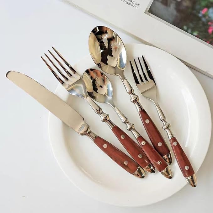 QUEARI 20-Piece Silverware Set Service for 4 with Two Rivets, Vintage Flatware Set, Stainless Steel Cutlery Set with Coffee-colored Bakelite Handle, Dishwasher Safe, Light Brown Color