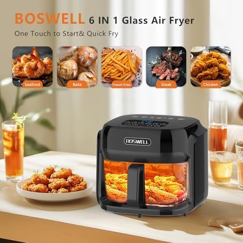 BOSWELL 7.5 QT Large Glass Air Fryer, 6-1 Preset Cook Modes