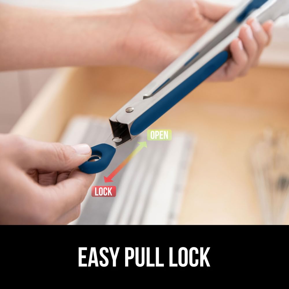 GORILLA GRIP Stainless Steel BPA-Free Kitchen Tongs for Cooking, 9+12 Inch, Heat Resistant BBQ Tong Set of 2, Non Scratch Silicone Tip for Pan, Strong Grip, Grab Food, Toss Salad, Pull Lock, Blue