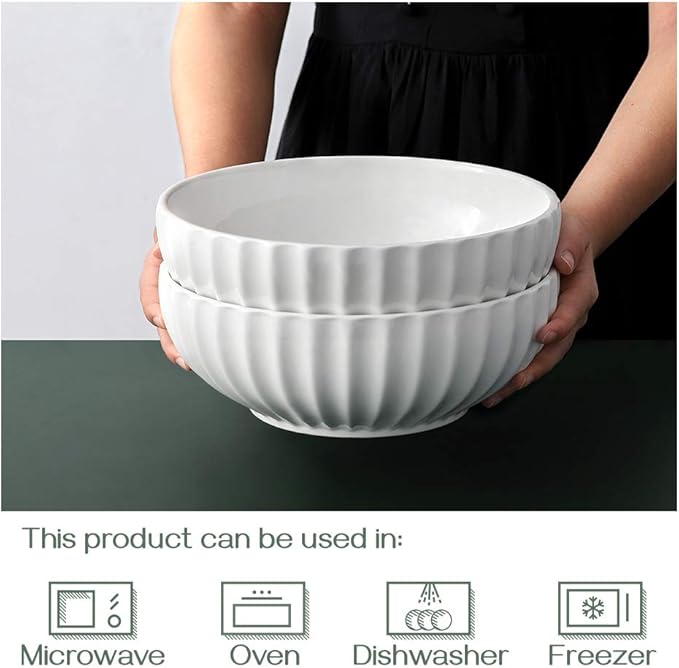 DOWAN 9.8'' Serving Bowls, 86 oz Large Salad Bowl, Ceramic Serving Dishes, Set of 2, Pumpkin Shape for Christmas, Entertaining, Party, Kitchen, Dinner, Banquet, Housewarming Gift, White