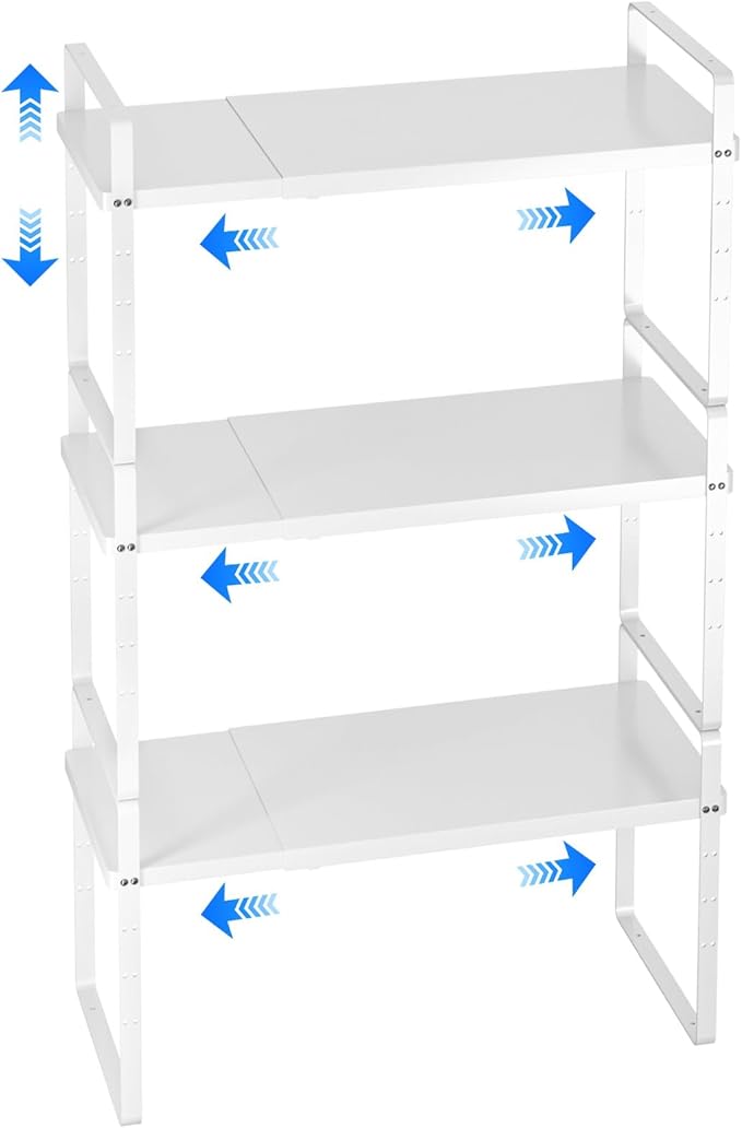 KIKIBRO Expandable Cabinet Shelf Organizer, Stackable Kitchen Pantry Counter Storage, Adjustable Closet Cupboard Stand Rack Risers Spice Organization, 80LBS Heavy Duty, White 3 Pack