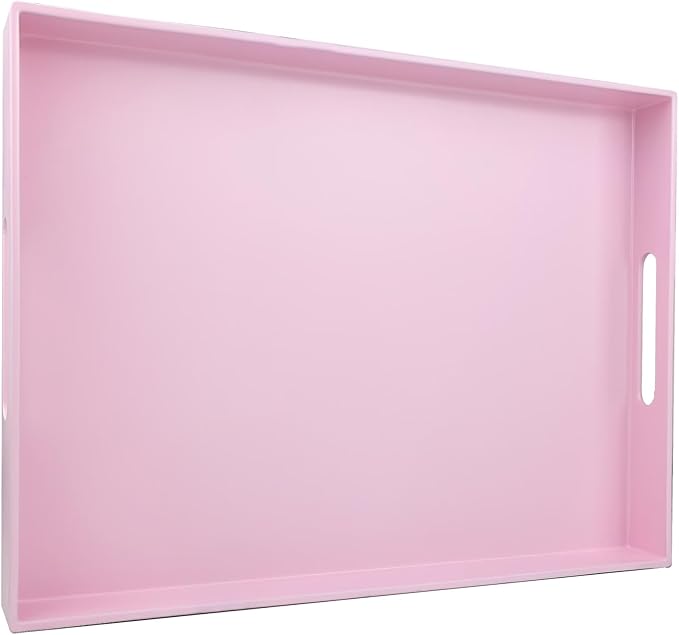 SforGUVA Pink Serving Tray for Coffee Table, Rectangular Plastic Decorative Tray with Handles for Entertaining, Outdoor Patio, Living Room, Ottoman, Bathroom Counter, 11.8”*15.7”*1.6”
