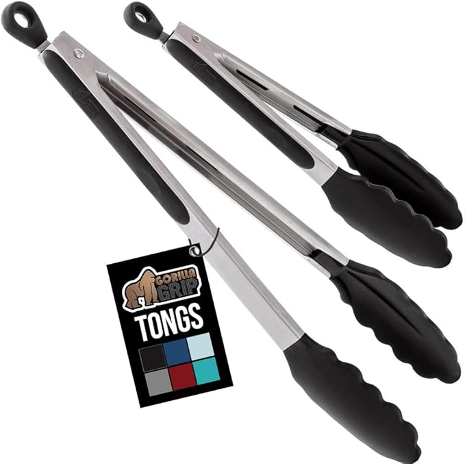 GORILLA GRIP Stainless Steel BPA-Free Kitchen Tongs for Cooking, 9+12 Inch, Heat Resistant BBQ Tong Set of 2, Non Scratch Silicone Tip for Pan, Strong Grip, Grab Food, Toss Salad, Pull Lock, Black