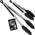 GORILLA GRIP Stainless Steel BPA-Free Kitchen Tongs for Cooking, 9+12 Inch, Heat Resistant BBQ Tong Set of 2, Non Scratch Silicone Tip for Pan, Strong Grip, Grab Food, Toss Salad, Pull Lock, Black